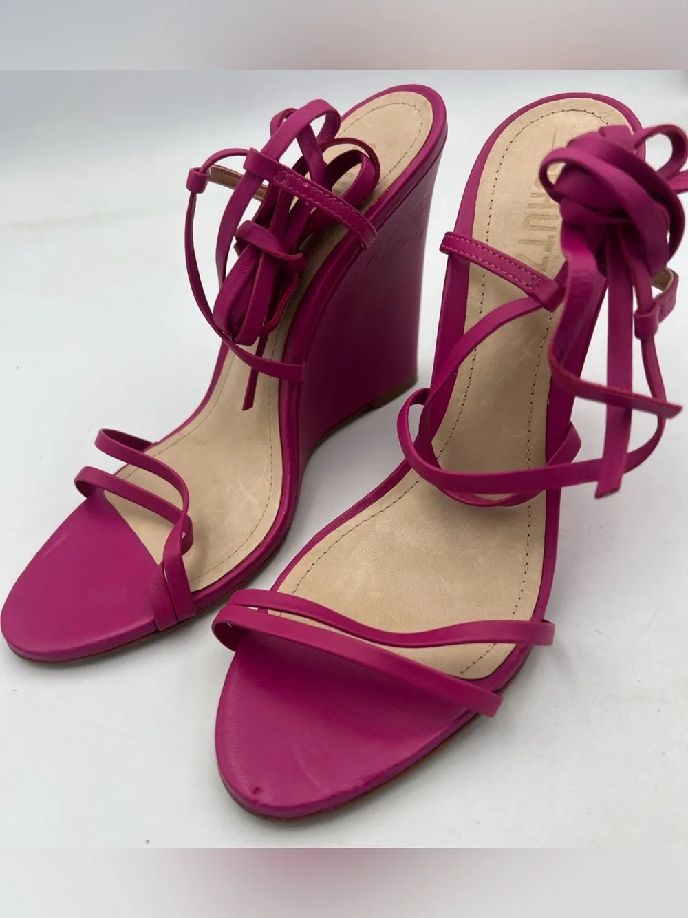 SCHUTZ Deonne Strappy Fuchsia Wedge Nappa Leather Sandals Ankle Strap Size 8.5B